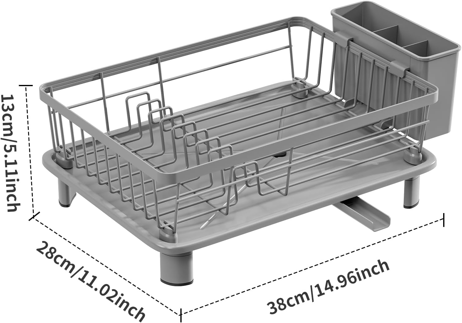 Small Dish Drying Rack, Space Saving Dish Racks for Kitchen Counter, Kitchen Organizer Dish Drainer with Cutlery Holder for Spoons and Forks, 11''W x 15''L, Gray