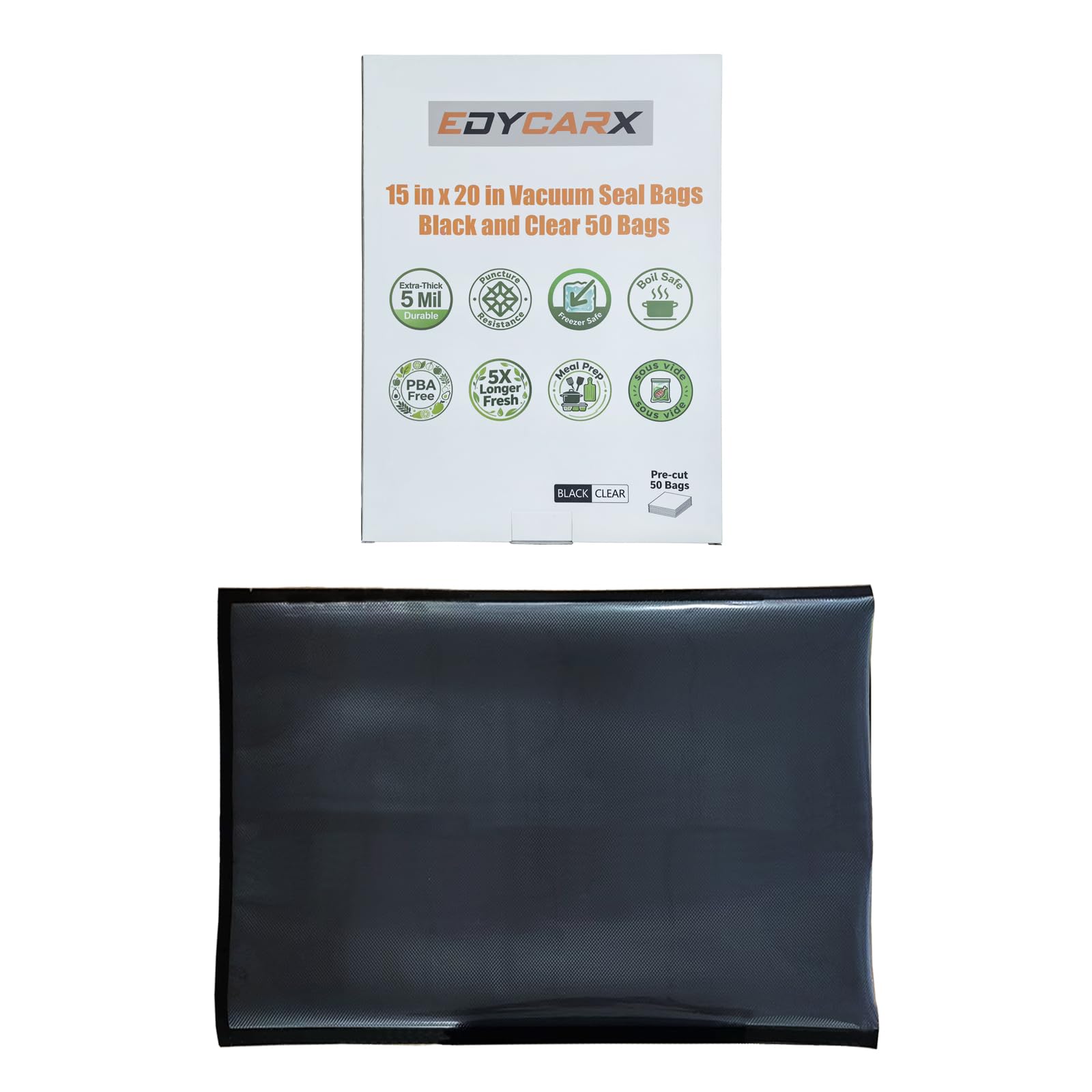 Bolsas de sellado al vacío de 15 x 20 pulgadas, color negro y transparente, precortadas para almacenamiento de alimentos, bolsas de vacío de grado comercial de 5 mil, 50 unidades