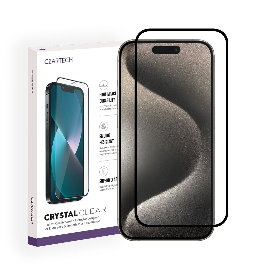 Czartech Tempered Glass Screen Guard for iPhone 15 Pro with Easy Cleaning Kit (Pack of 1)