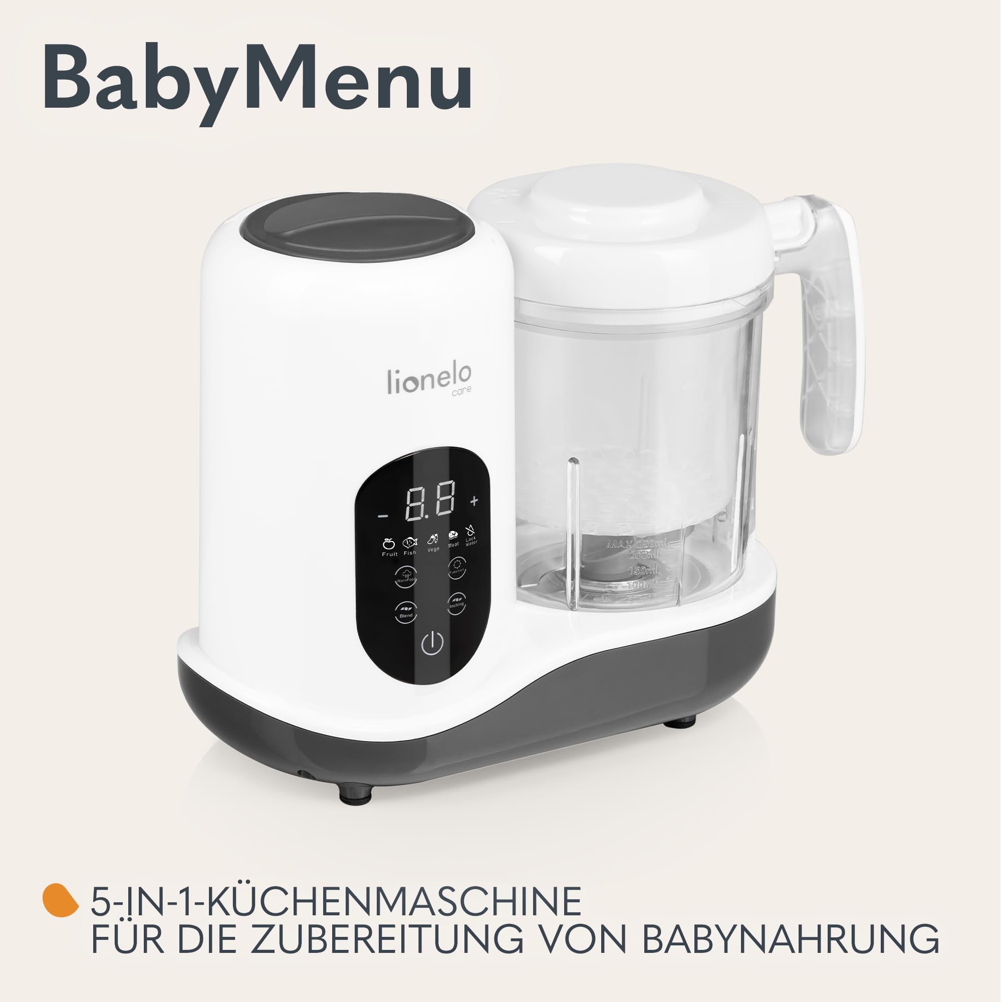 LIONELO BABYMENU Küchenmaschine zur Zubereitung von Babynahrung | 4 Programme Dämpfen, Mixen, Erhitzen, Auftauen, Online-Rezepte, Weiß