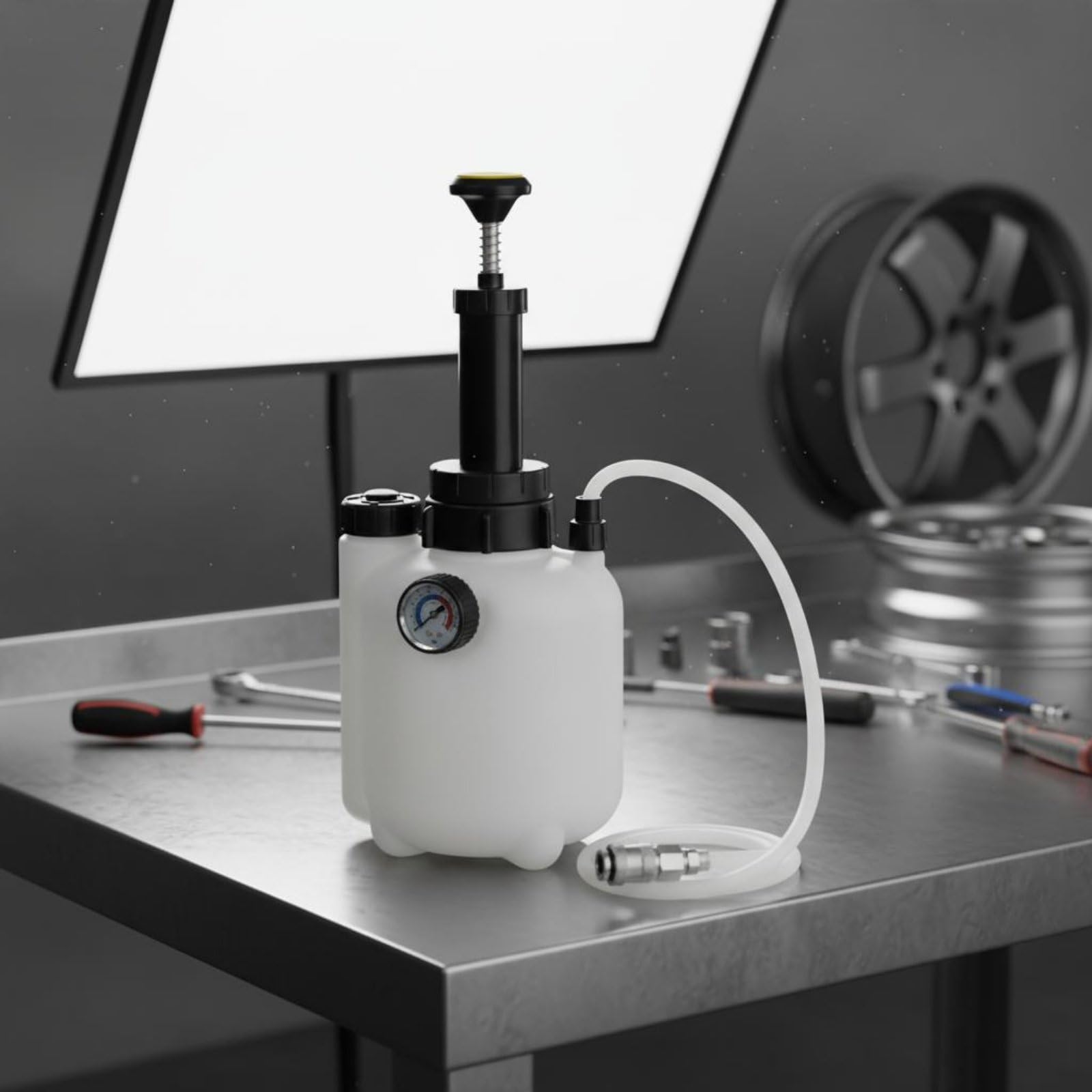 Máquina de Purga de Frenos Adaptadores Incluidos Cambiador Líquido Frenos Diseño Semitransparente Automoción para Mecánicos, Taller, Bomba De Vacío De 3L Con Adaptador De Codo