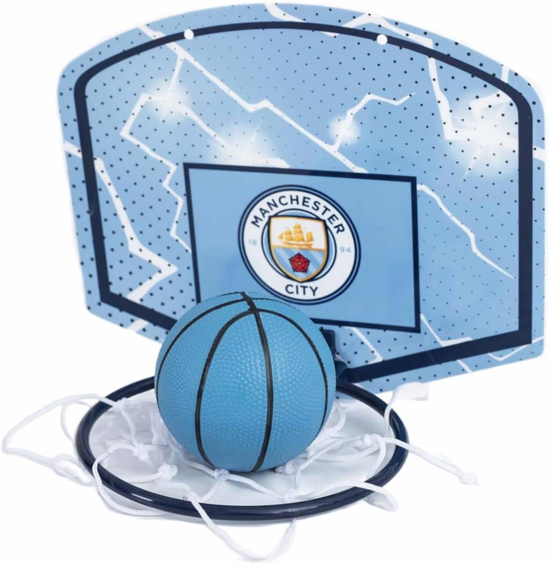 Hy-Pro Officially Licensed Manchester City Mini Basketball Hoop - Indoor Basketball Set with Backboard, Edge and Ball - Mini Basketball Hoop for Kids Room with Logo and