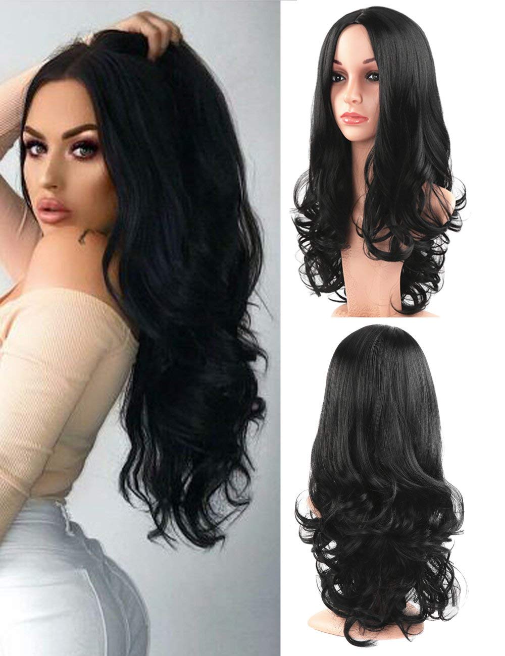 Akashkrishnasynthetic hair women fashion full head Wigs Long Wavy Black Wigs for Women Body Wave Middle Part Synthetic Full Wig Cosplay Wigs with Free Wig Cap