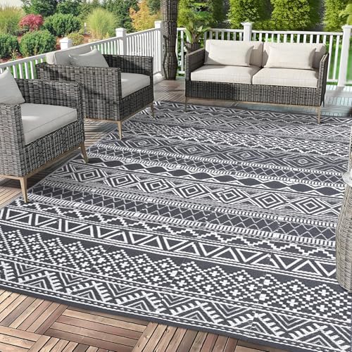 Garvee Outdoor Plastic Straw Rug 9x12 Reversible Waterproof Patio Rug, Colorful RV Picnic Camping Mat, Weather Resistant Outside Carpet for Porch Back