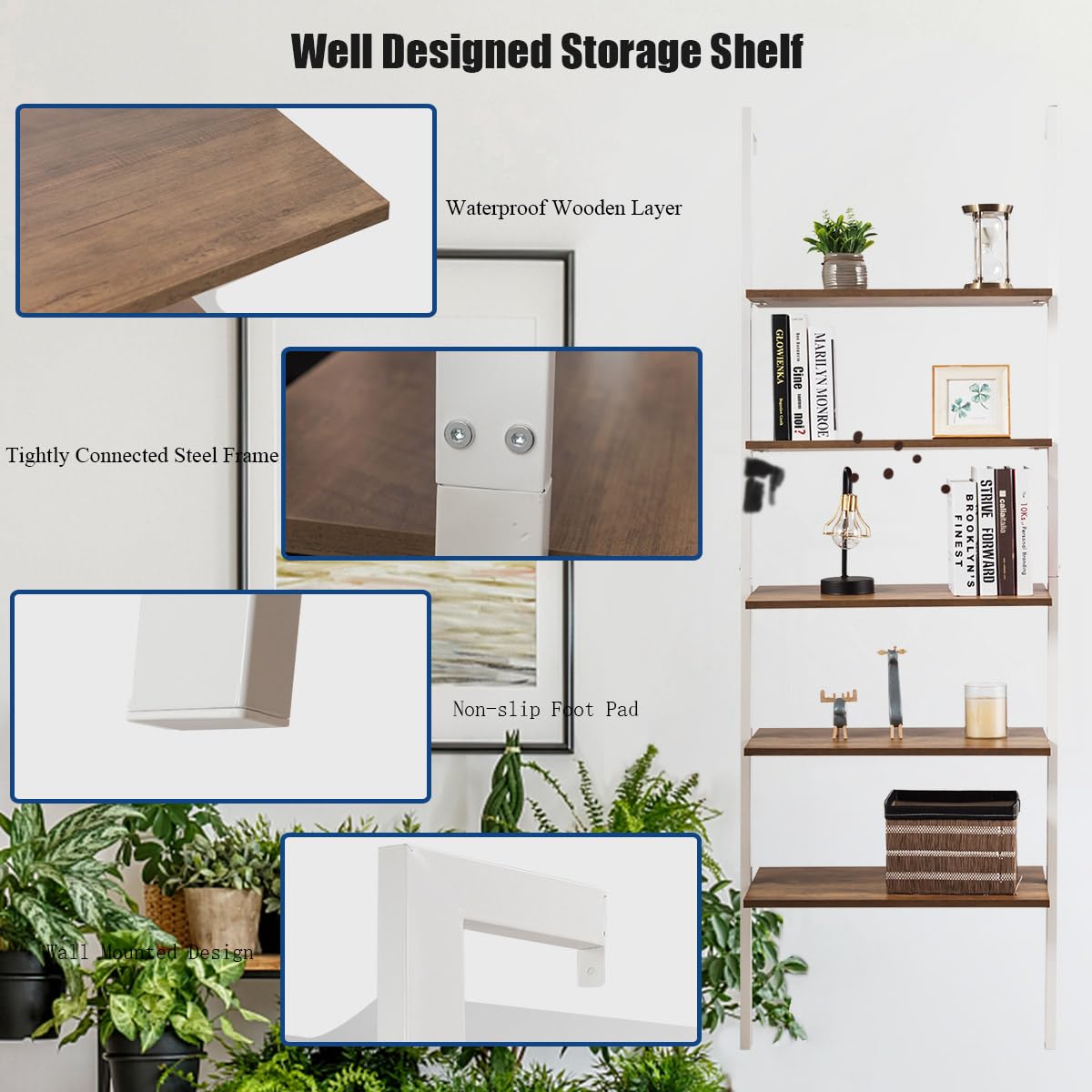 VASAGLE Étagère Échelle, Bibliothèque à 5 Niveaux, Meuble De Rangement Sur Pied, Bureau, Salon, Chambre, Cuisine, Style Industriel, Noir Boisé Et Noir D'Encre