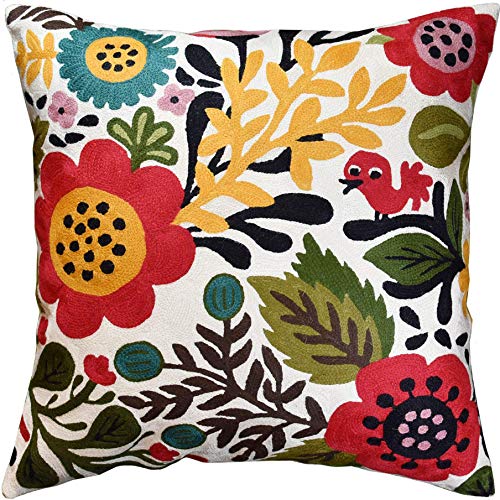 Kashmir Designs Red Polish Floral Pillow Cover Bird Flower Pillowcase