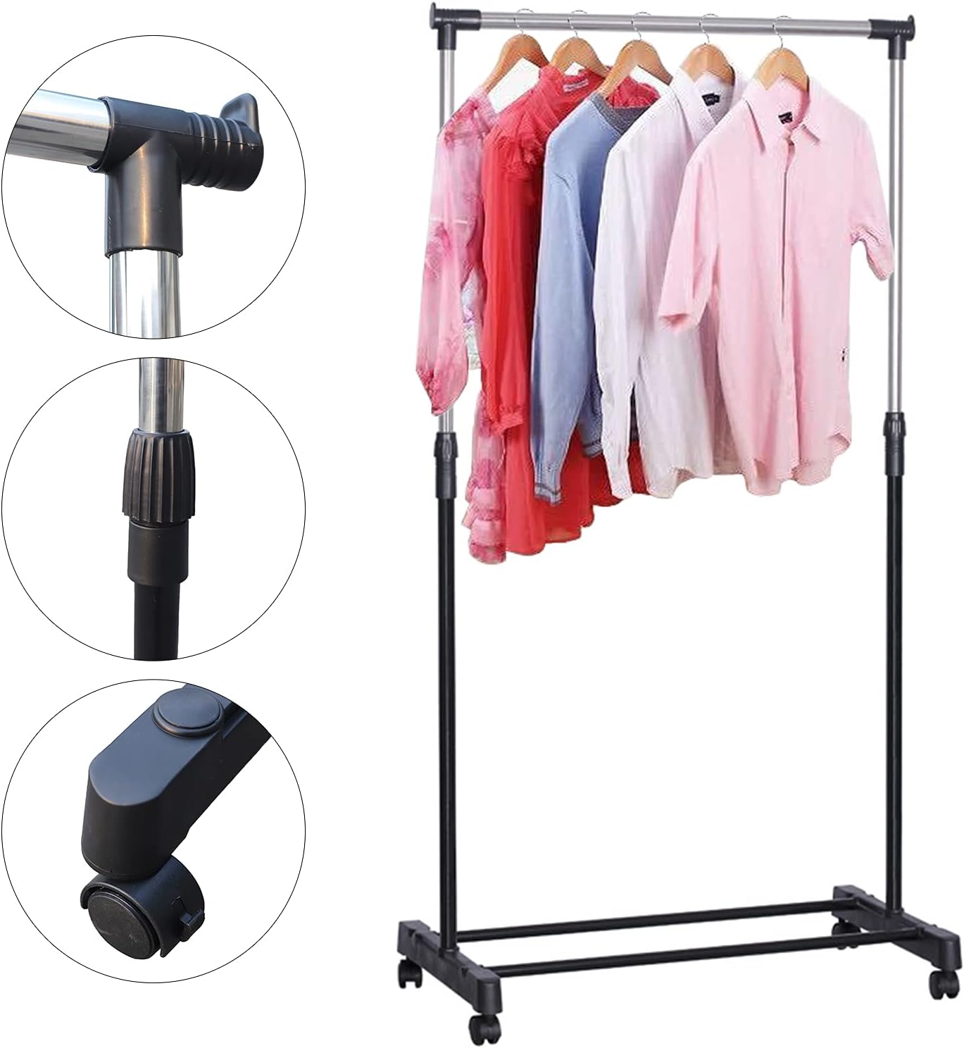 Close-up view of the clothes rack's connection points and a caster wheel