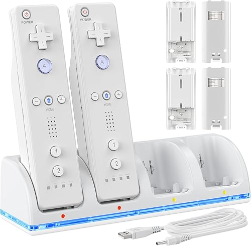 Cargador de controlador de 4 puertos para controles remotos WiiWii U, estación de carga con 4 unidades de batería recargable de 2800 mAh y cable de