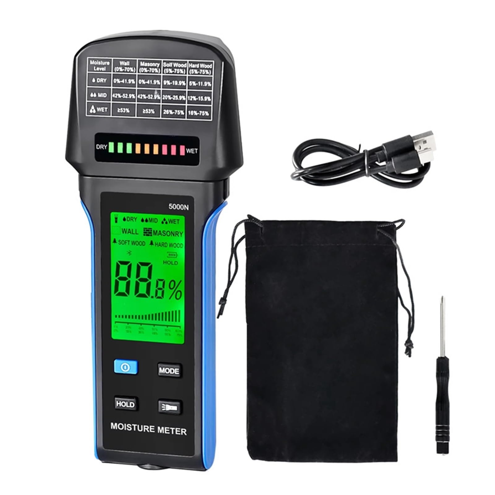Medidor de humedad pared con alerta automática, recargable, 4 en 1, for madera y paneles yeso, rango medición 5000 N,Pruebas sin daños
