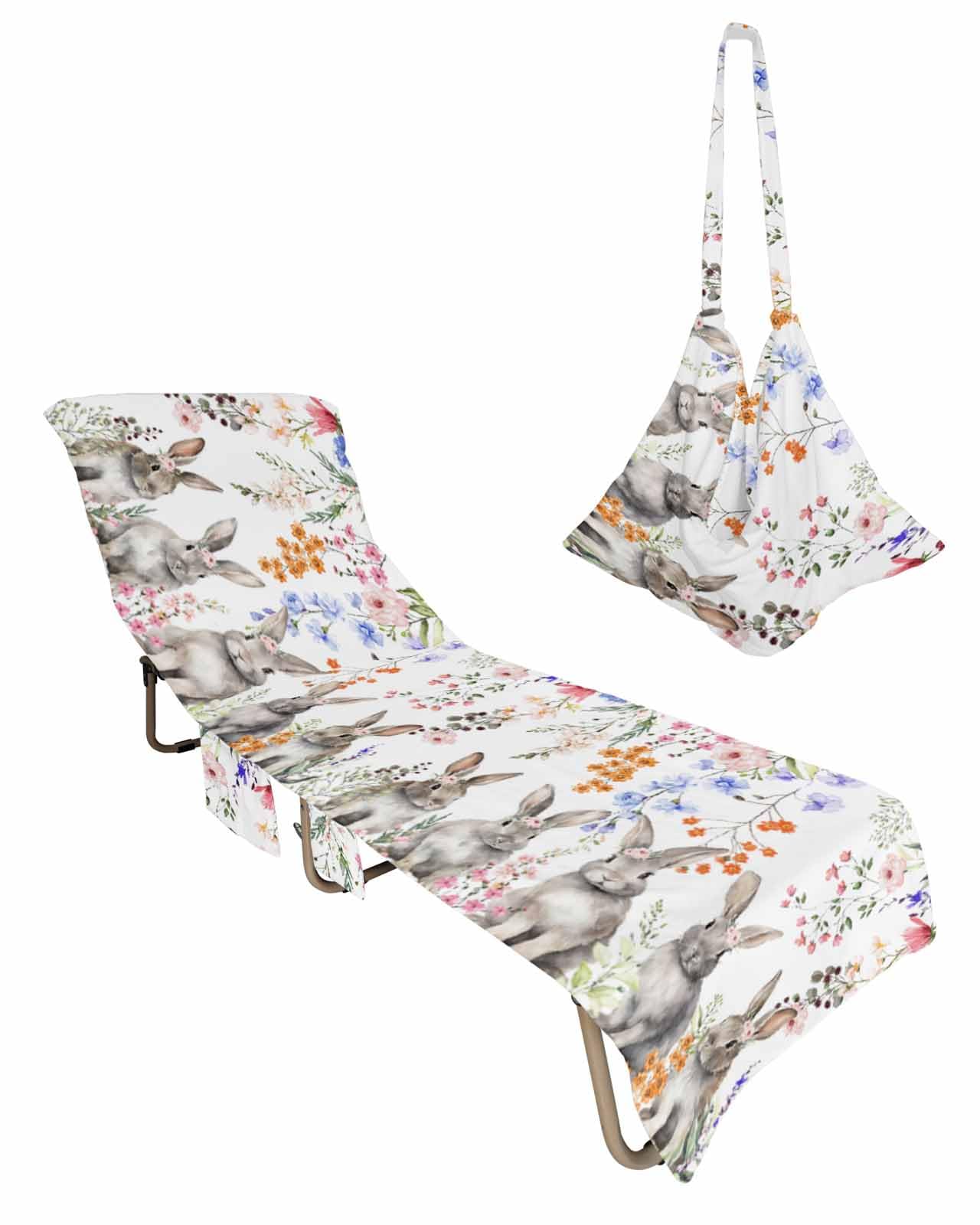 Easter Bunny Beach Lounge Chair Towel Cover, Soft Chaise Lounge Towel with Side Pockets Patio Pool Chairs Cover for Beach/Pool Sunbathing 29x85 Spring Floral Botanical Elegant