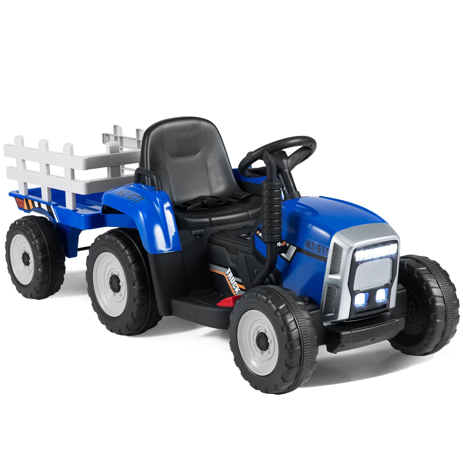 GYMAX Kids Electric Tractor with Detachable Trailer, LED Lights, Music, Horn, USB & Bluetooth, 12V Battery Powered Ride on Car for 3 Years Old + Boys Girls (Blue)