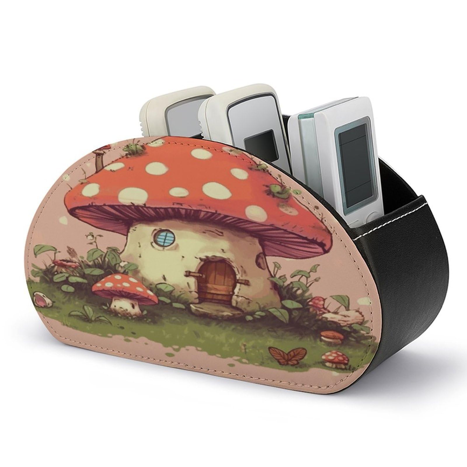 LZQPOEAS Cute Mushroom House Remote Control Holder with 5 Compartments PU Leather Remote Organizer Box Caddy for Table Nightstand Remote Caddy Desktop Organizer Fits Media Controllers