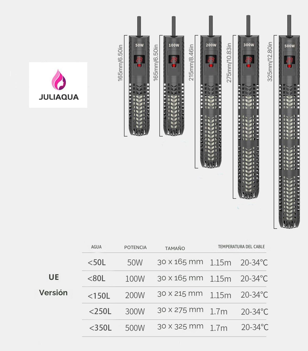 JULIAQUA - Calentador para Acuario Calentador de Acuario ecológica Ajustable 50 W/100 W/200 W/300 W/500 W(100 W)