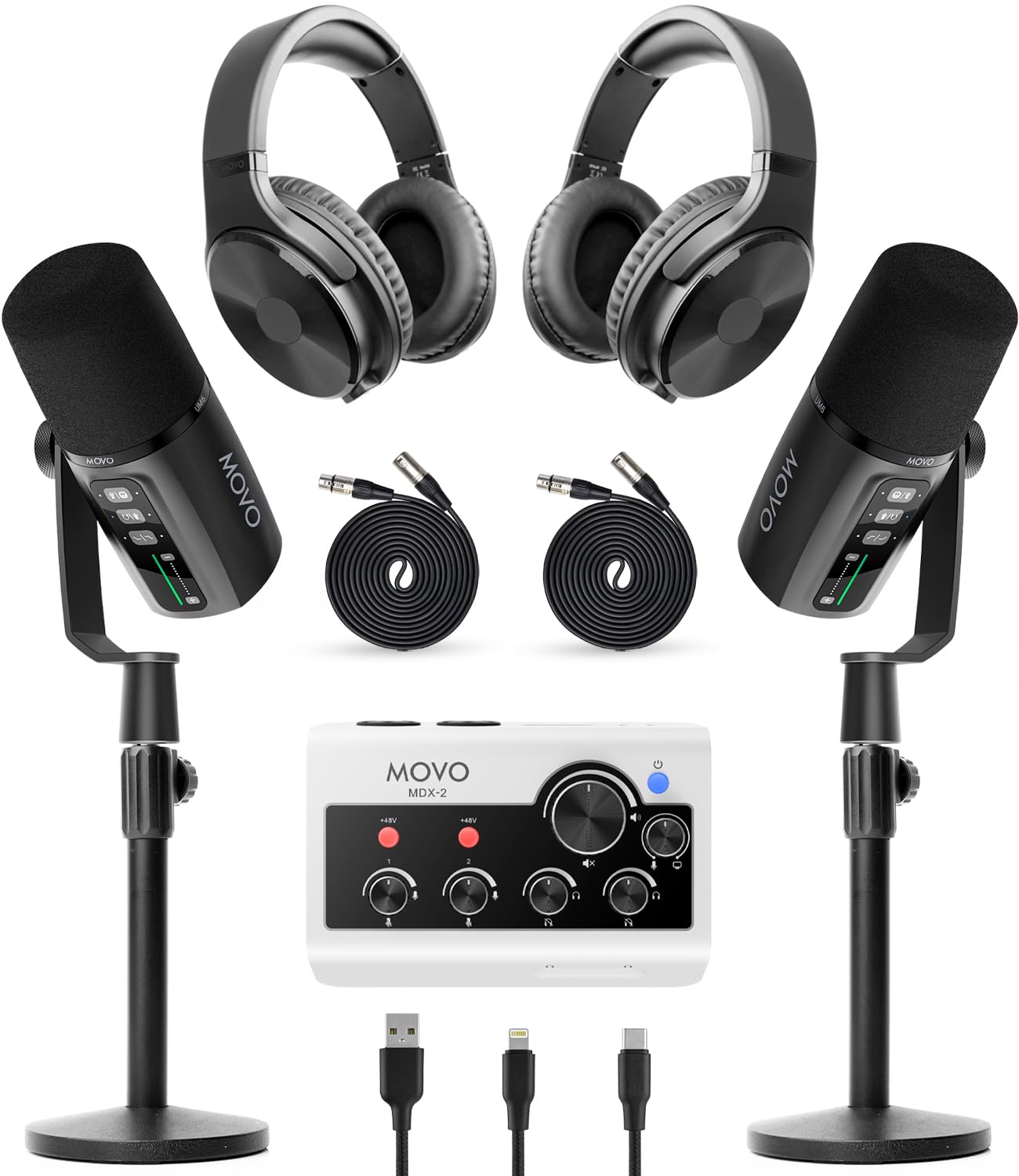 Movo Podcast Equipment Bundle for iPhone & Android – Professional Podcast Studio Kit with Audio Interface, 2 Dynamic Mics, 2 Headphones, and Table Stands – Compatible with Smartphones, PC, and Mac