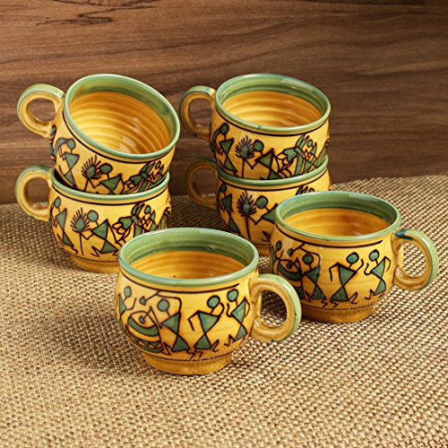 Image of ExclusiveLane Warli Handpainted Ceramic Coffee Mugs Cups Set for Tea of 6 Serving Chai Tea Cups (Set of 6, 220 ML, Sand Yellow, Microwave Safe)