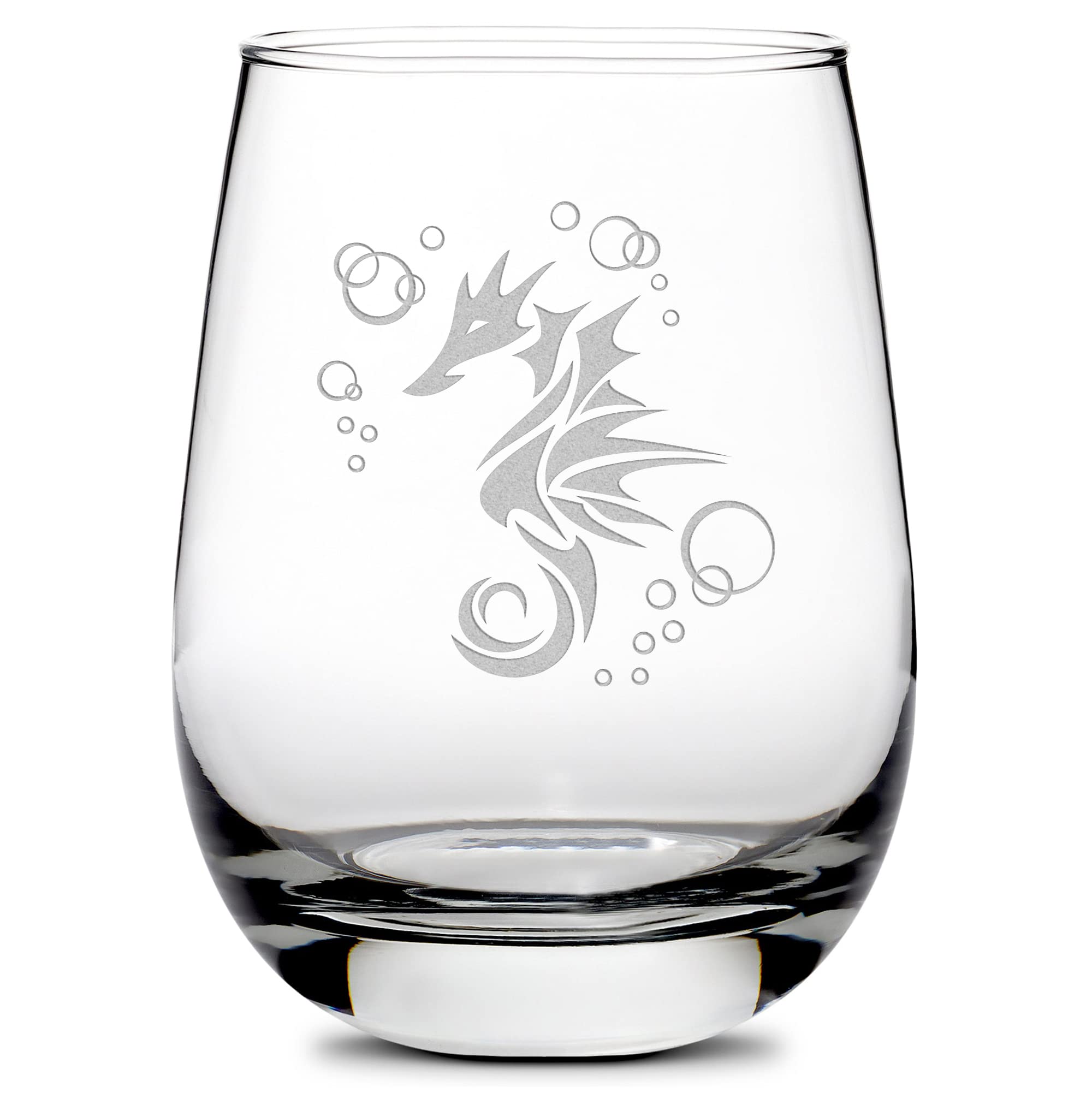 Integrity Bottles Tribal Seahorse Design Stemless Wine Glass, Handmade, Handblown, Hand Etched Gifts, Sand Carved, 16oz