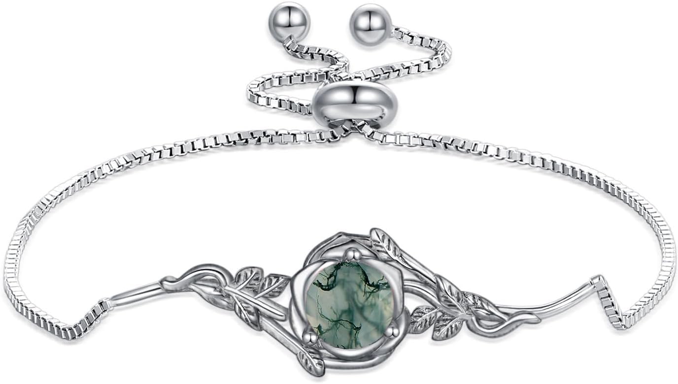 Vintage Rose with Round Birthstone Box Chain Bracelet 925 Sterling Silver Retro Gemstone Adjustable Bracelet for Birthday Women