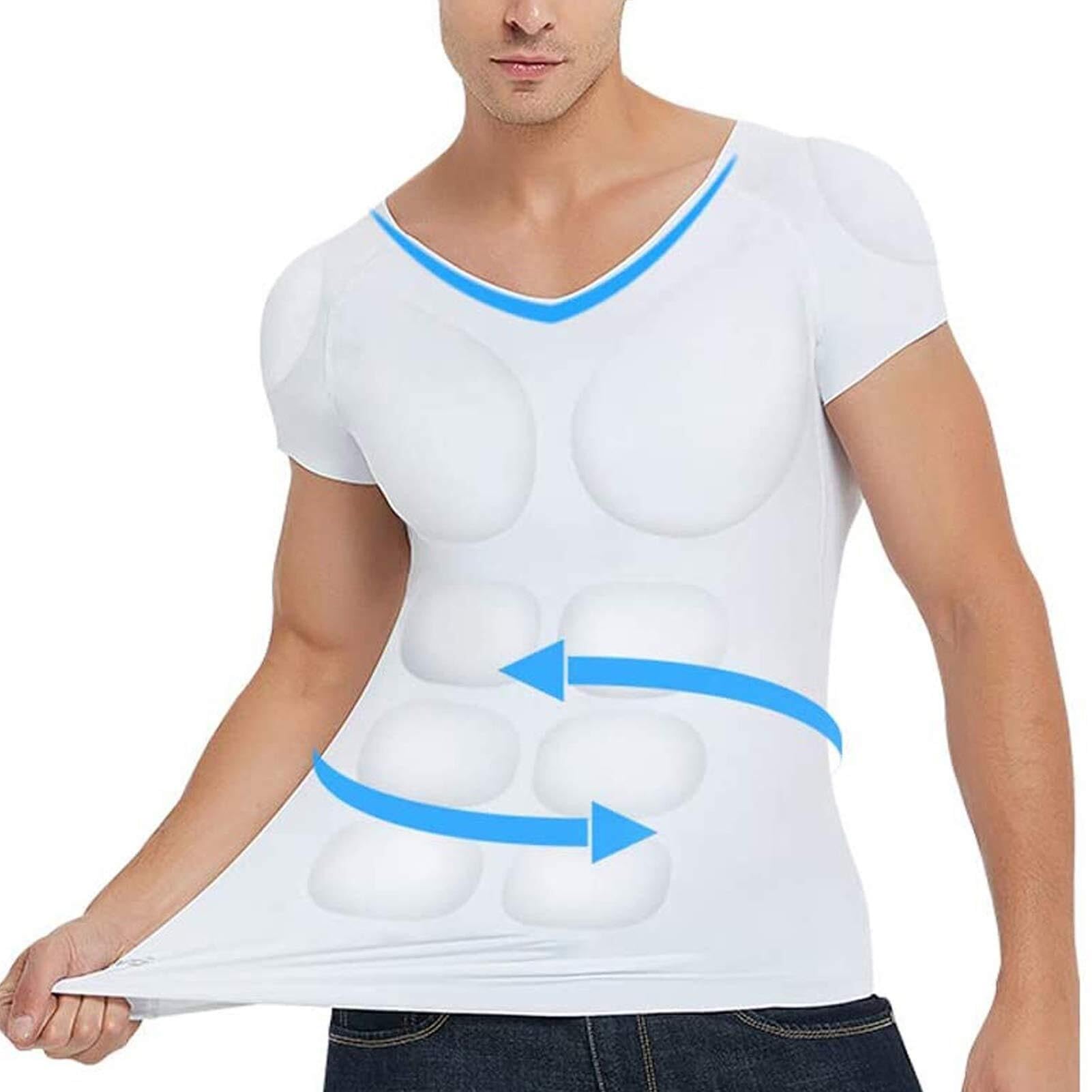 Men's Fake Chest Muscle Padded T-Shirt,ABS Invisible Pads Shaper Tops, Fake Shoulders Padded Underwear for Wedding Suit Party