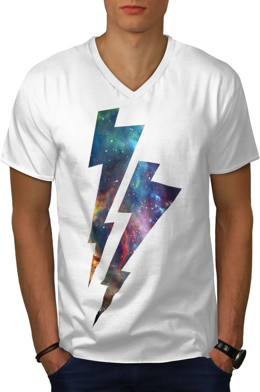 APSRA RETAIL Space Thunder Mens V-Neck T-Shirt, Lightning Graphic Print Tee 7614 White
