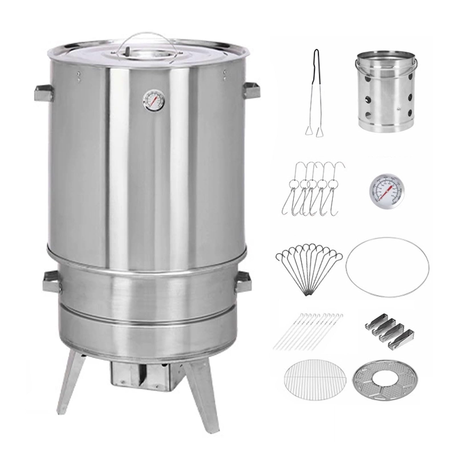 Ahumador Barril Asador De Carne Material De Acero Inoxidable Asador De 360° Incluye Termómetro Y Recipiente para Cenizas 50 Cm De Diámetro Parrillero