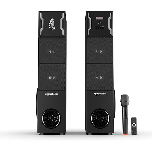 amazon basics 2.0CH 125W Multimedia Tower Speakers with Wireless Microphone, Multi-Connectivity Option with Supporting USB, AUX, FM, Mic (Black)