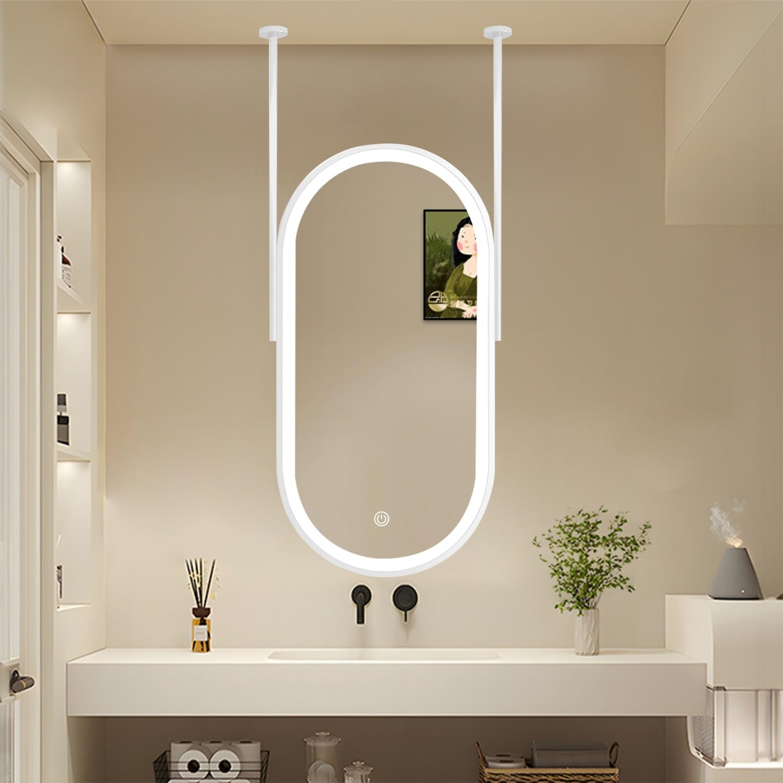 FGXHHS Bathroom Wall Mirror Ceiling Hanging with LED Lights, White Vanity Makeup Mirrors Floating Decorative Simple Mirror, Oval Metal Framed(40cmx60cm)