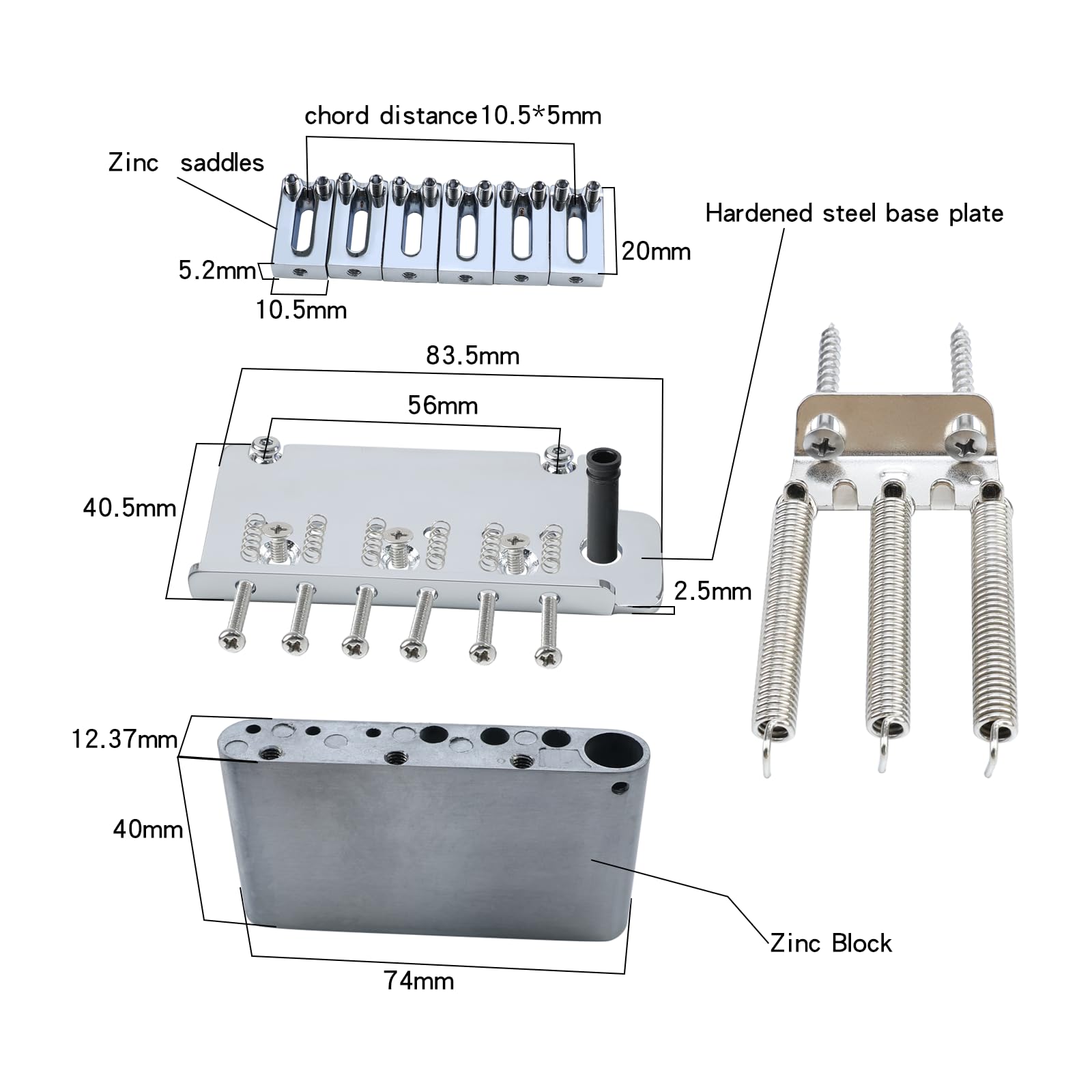 Puente de guitarra eléctrica de 10,5 mm, puente de trémolo de 2 puntos con sillín de aleación de zinc, placa de acero compatible con Stratocaster Start 6 cuerdas de repuesto de guitarra