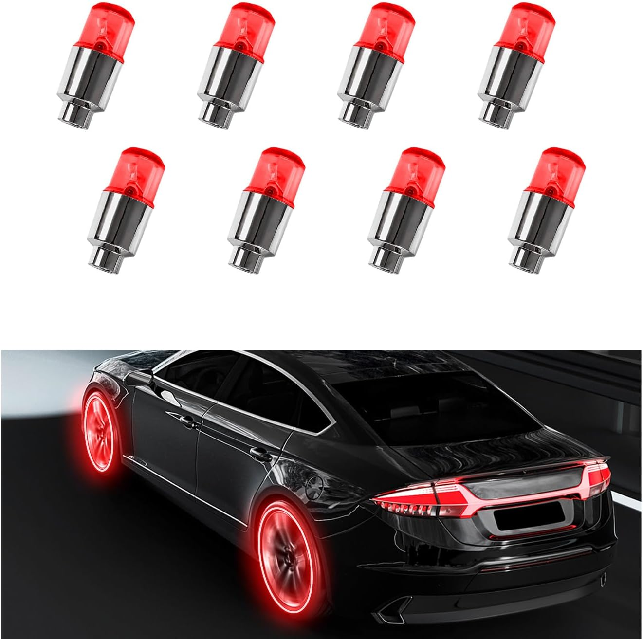 8 PCS LED Tire Valve Stem Cap Lights, Waterproof Motion Tyre Spoke Lights for Wheel Decoration, Cool Modify Neon Valve Wheel Light Assemble, Universal Motorcycle Accessories (Red)