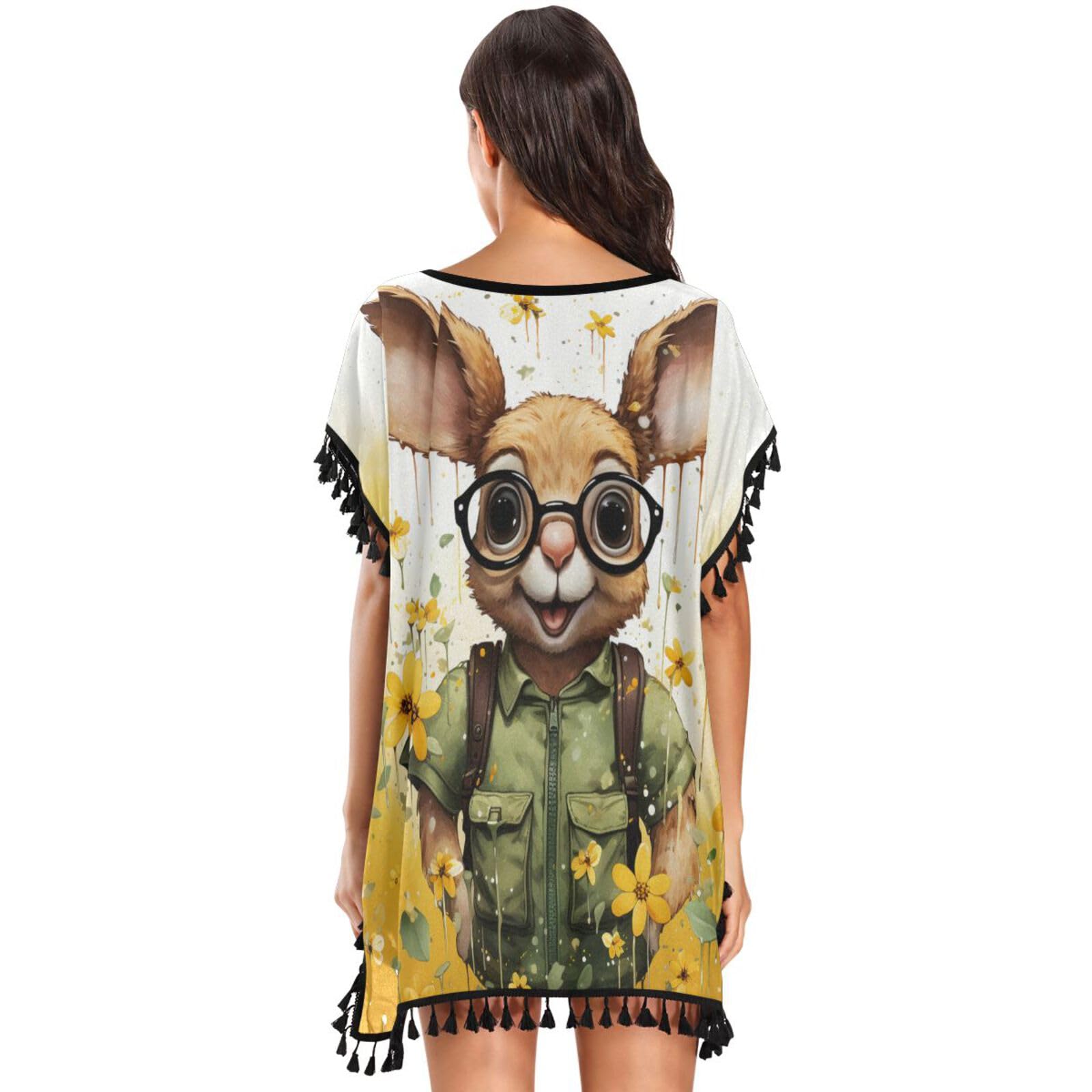 Crayon Art Brown Kangaroo Women's Beach Cover Up Chiffon Tassel Swimwear Swimsuit Coverups for Girl