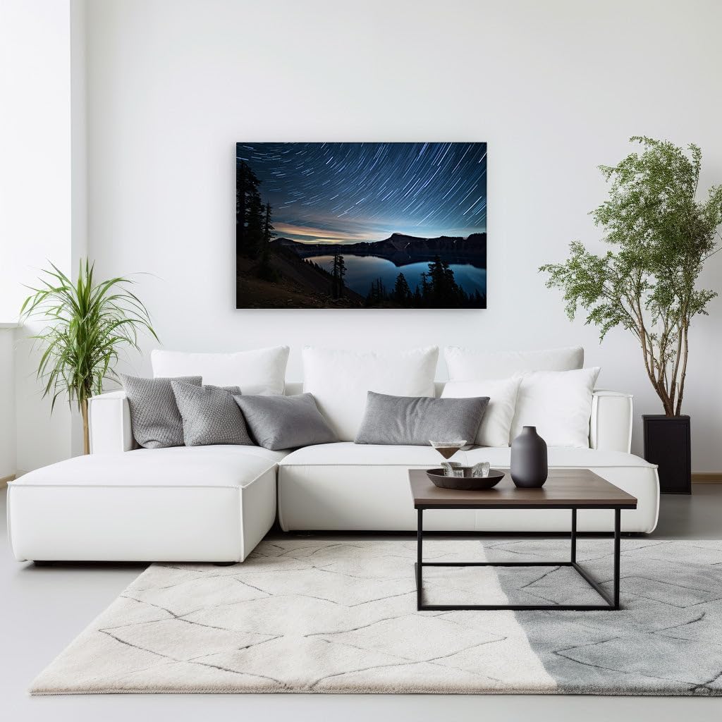 Canvas for Living room. Stargazing Serenity: A Timeless Night by the Mountain Lake, 27 x 18 inch Canvas Wall Art - Contemporary Masterpieces - Modern Home Decor