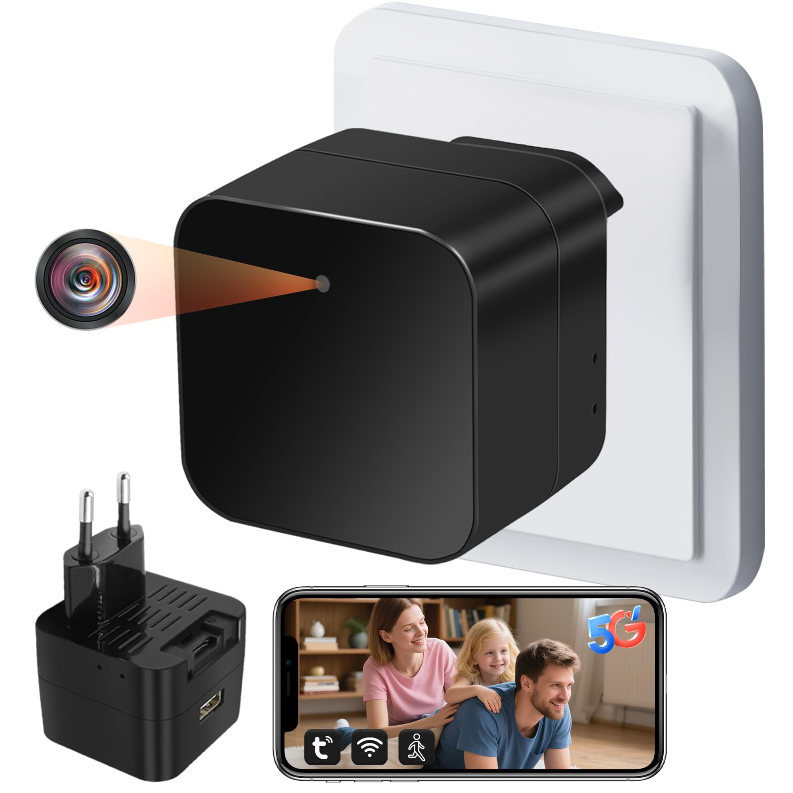 UYIKOO Telecamera Nascosta WiFi, 5G Mini Telecamera Spia Senza Fili Caricatore USB, Microcamera Spia Spy Cam 1080P HD Rilevazione del Movimento Videocamera Controllo Tuyasmart App per Casa Ufficio