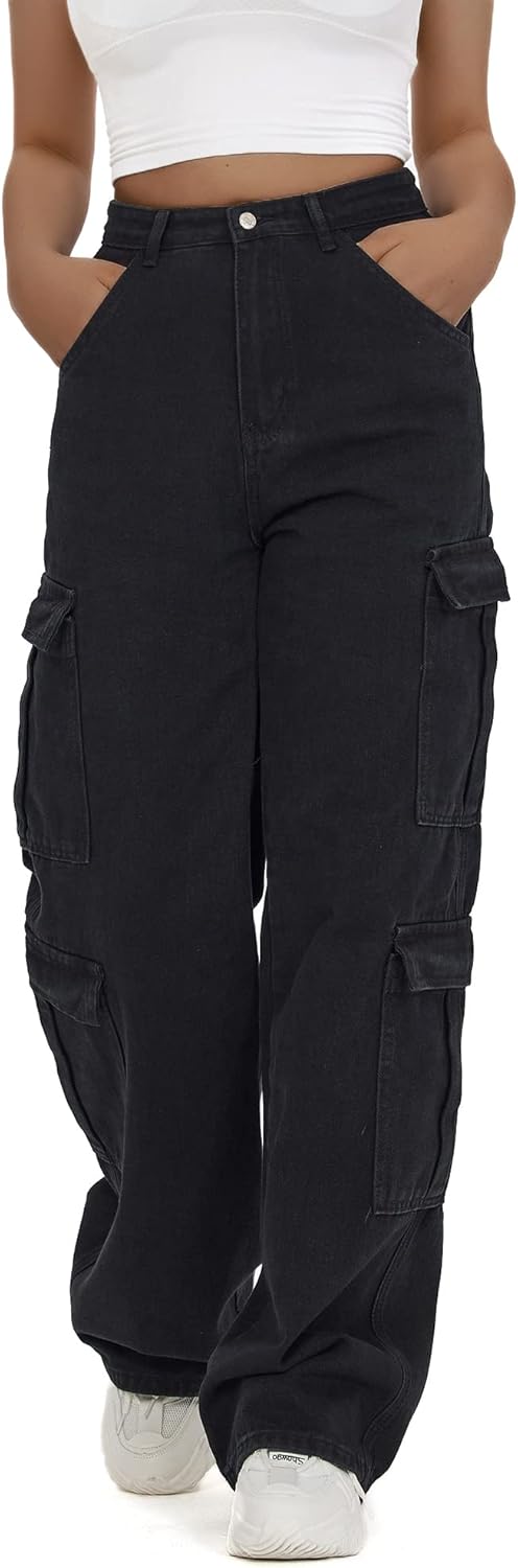 Women's High Waist Baggy Cargo Jeans Flap Pocket Y2K Streetwear Wide Leg Denim Pants - Image 5