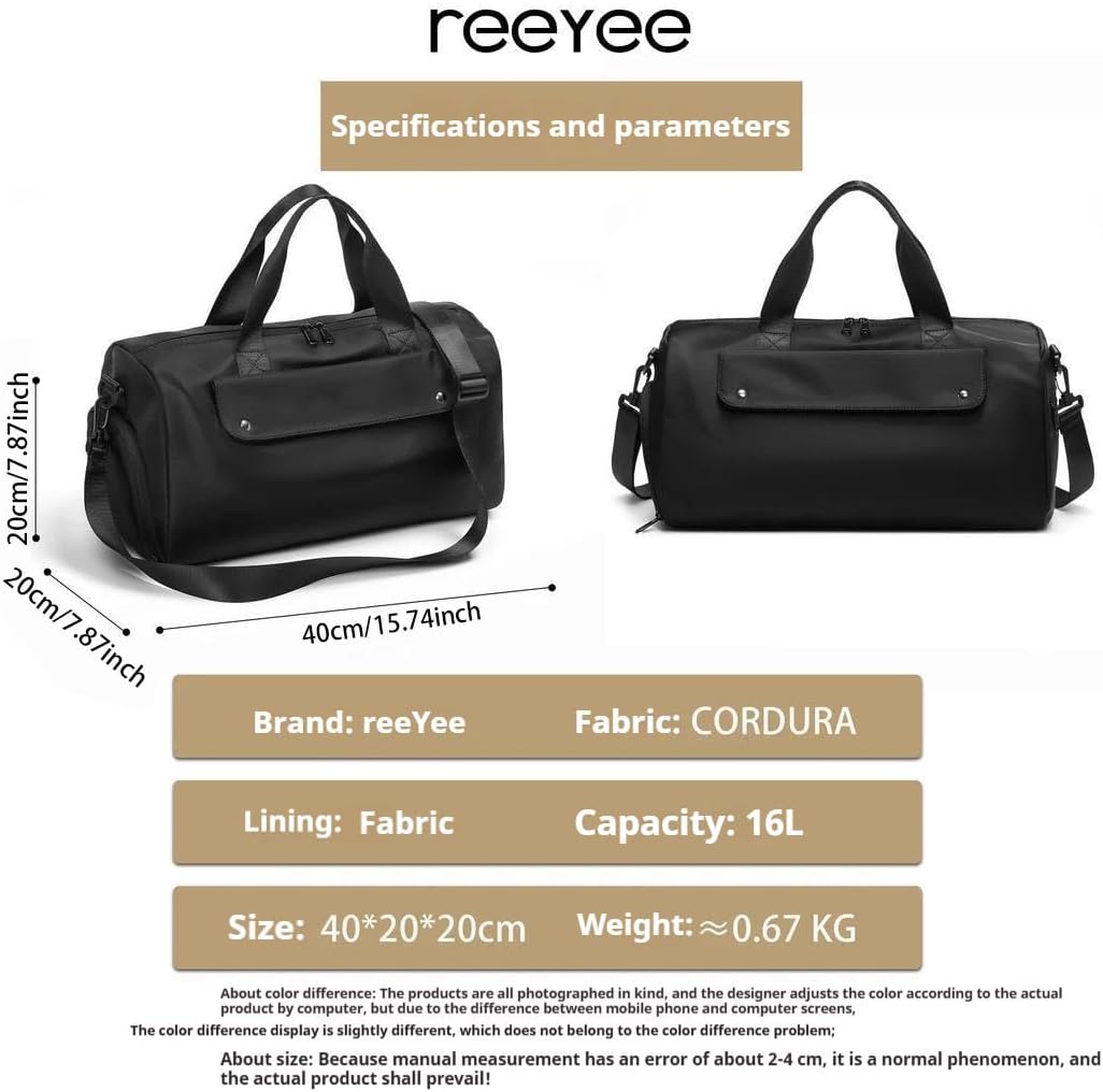 ReeYee 16L Lightweight Travel Duffel Bag with Shoe Compartment, Water-Resistant Gym Bag, Black, 40x20x20cm, Cordura Fabric, with Luggage Strap