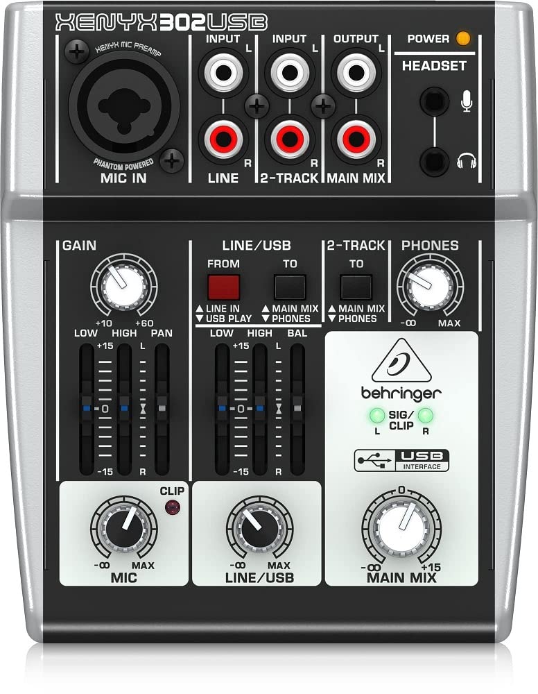 Behringer 302USB Mixer premium a 5 ingressi con preamplificatore microfonico XENYX e interfaccia USB/audio & Cavo da microfono a mixer Stagg SMC6 da 6 metri XLR (m) -XLR (f), nero