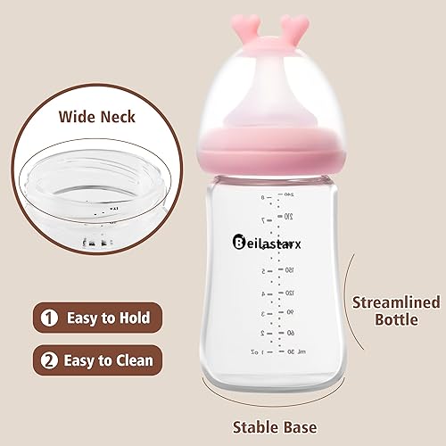 Miniatura 4 de Biberones de vidrio con pezón de respuesta natural, tamaño M, biberones anticólicos, cuello ancho, flujo lento (rojo, 8 onzas (paquete de 2))