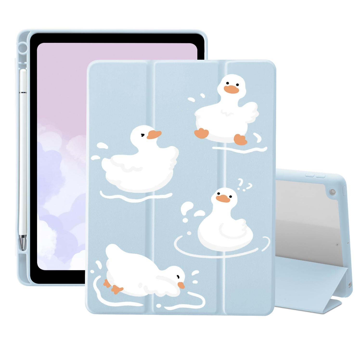Custodia Kawaii Duck per iPad Pro 4a/3a/2a/1a generazione (2022/2021/2020/2018) 11 pollici con supporto per matita triplice supporto in pelle blu Girly Cover posteriore trasparente