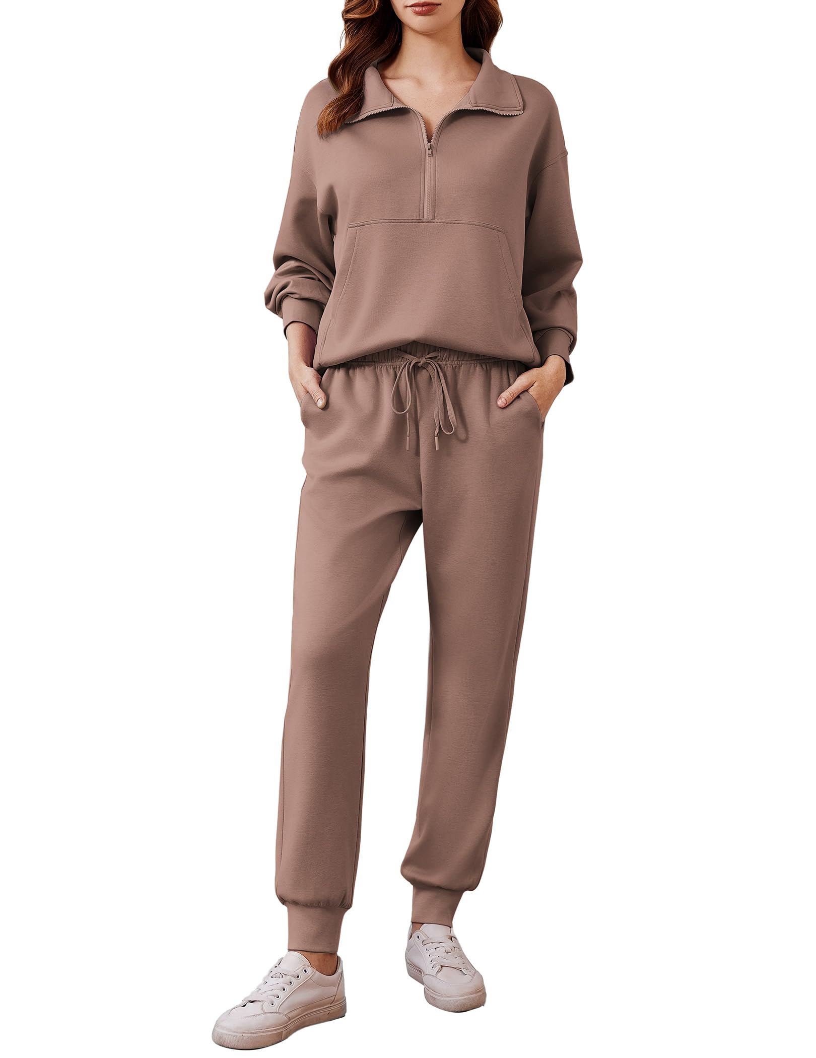 PINSPARK 2 Piece Sets for Women Long Sleeve Half Zip Tracksuit Jogger Sets | 2026 Fall Travel Outfits Lounge Set, Lightweight Soft Air Layer Fabric, Kangaroo Pocket Sweatshirt, Drawstring Joggers Pants
