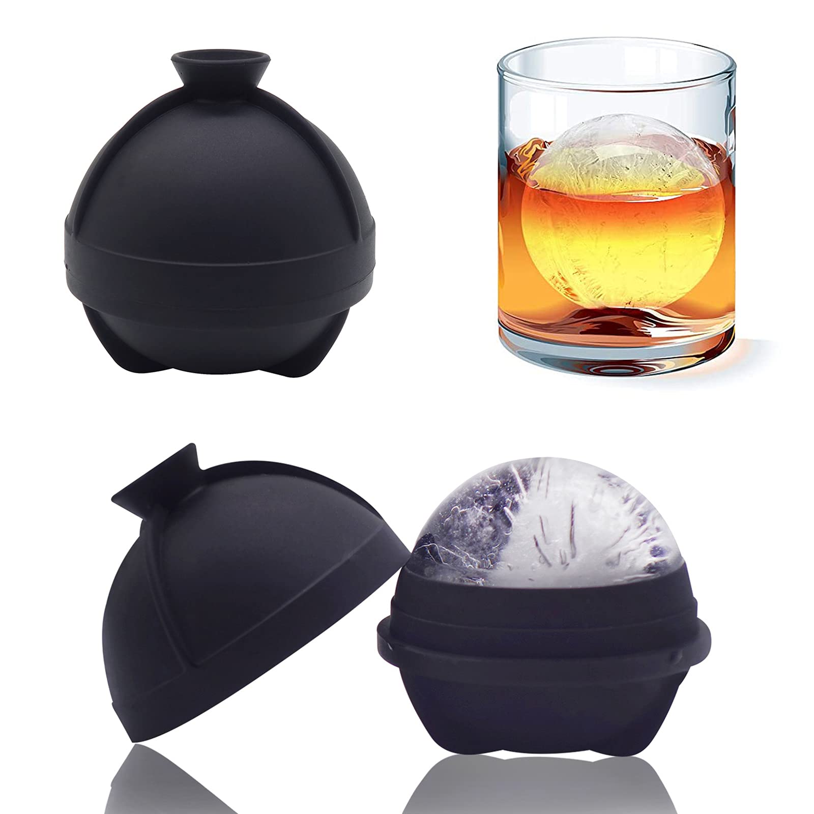 Helpcook Ice Ball Molds, 2 Pack Sphere Molds With Built-in Funnel, Silicone Freezer Press Maker for 2.5 Inch Round Cubes - Whiskey, Cocktails, Bourbon
