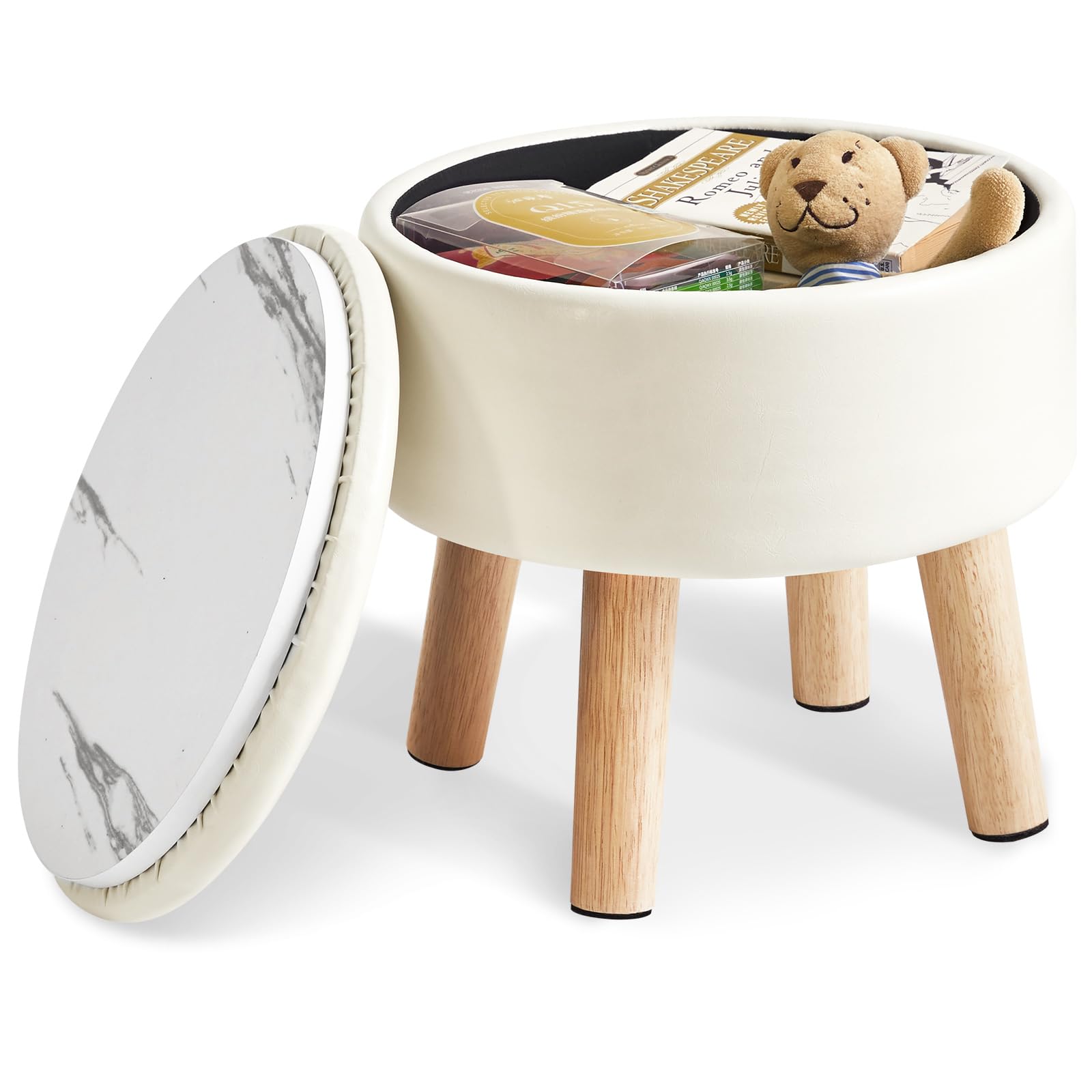 IBUYKE 13” Piccolo Poggiapiedi Ottomano con Contenitore, Pouf Poggiapiedi Rotondo con Sedile Imbottito e Coperchio, Poggiapiedi Mini in Pelle PU per Ingresso Divano Soggiorno, Beige WBD023W