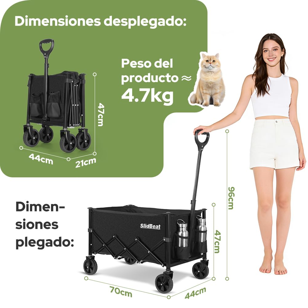 SLIDBEAT 120KG Carro Plegable, Montaje Rápido, Carrito Transporte con 4 Ruedas Todo Terreno 360° Desmontables, Mango Ajustable, para Supermercado Jardín Festivales Playa y Herramientas