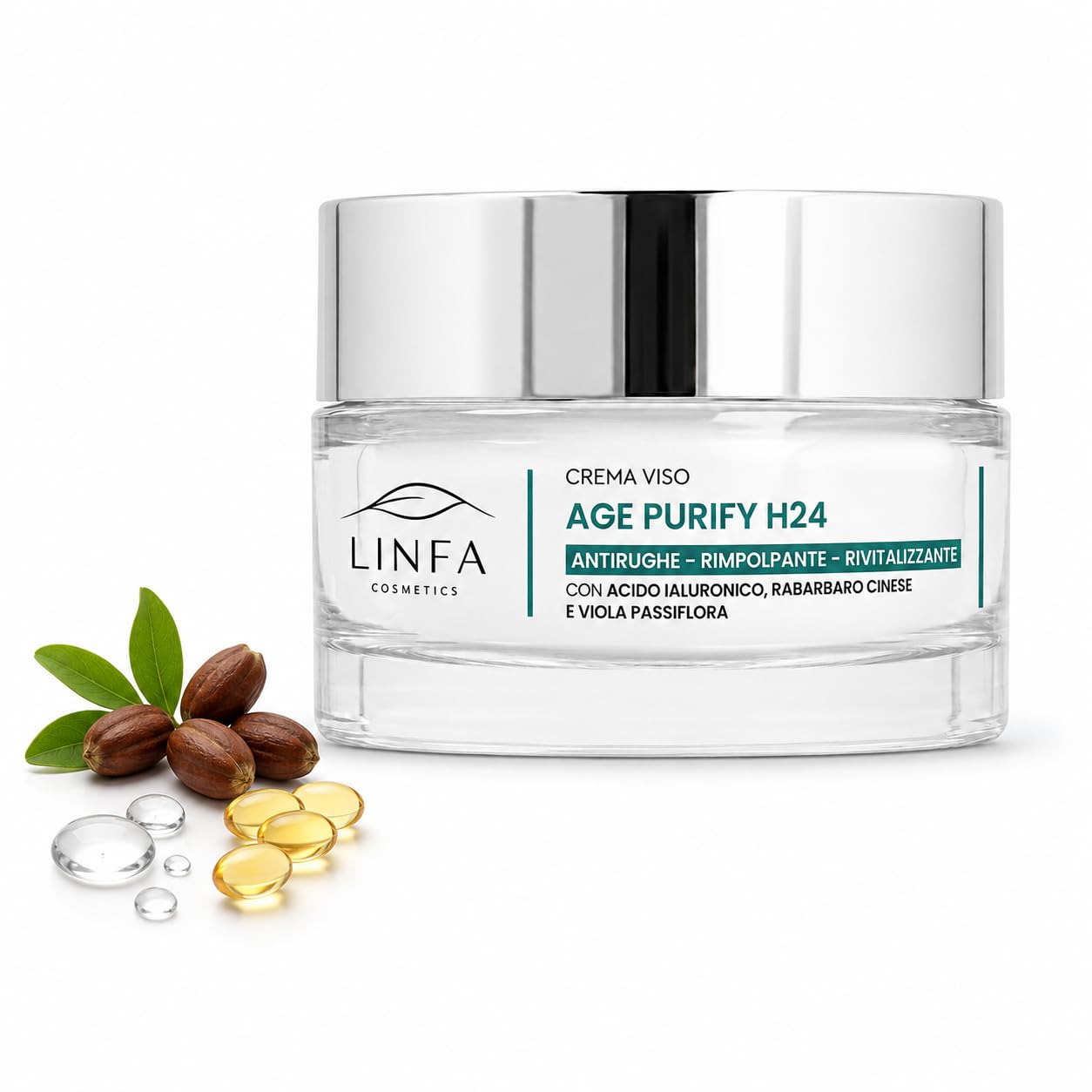 Linfa Cosmetics Age Purify H24 Crema Viso Antietà, Idratante Purificante con Acido Ialuronico, Vitamina E, Jojoba, Albicocca e Salvia, Pelle Matura Mista e Lucida, 50 ml