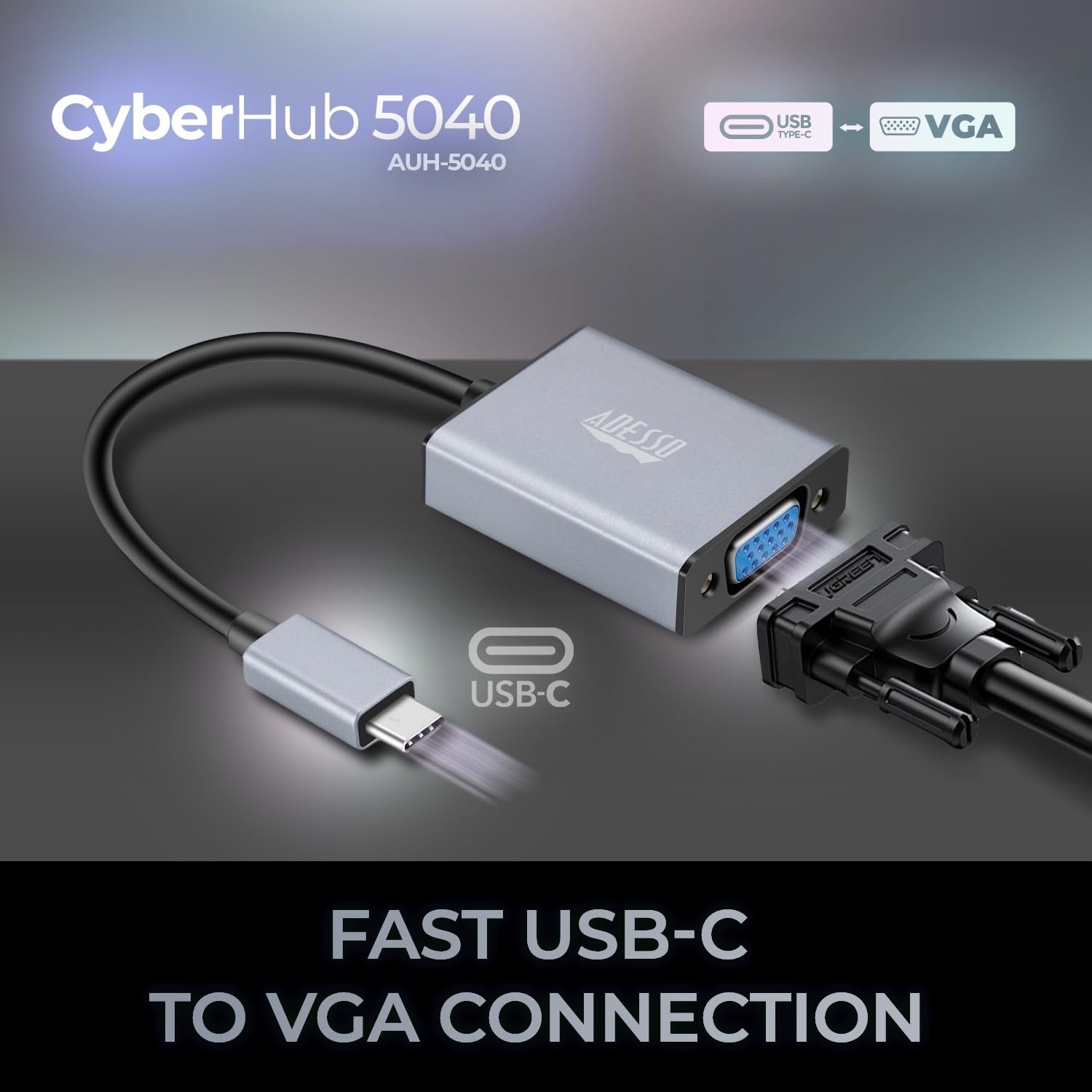 Adesso USB C to VGA Adapter, Aluminum, Thunderbolt 3/4 to VGA Adapter Compatible with iPhone 15 Pro/Max, MacBook Pro/Air 2023, iPad Pro, iMac, S23, XPS 17, Surface Book, and More