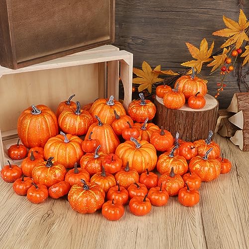 Image of winemana 46 Pcs Artificial Pumpkins Fall Decorations, Orange | Assorted Size, Foam Fake Pumpkins for Crafts, Table Centerpiece Indoor Mantel, Thanksgiving Harvest Autumn Decor