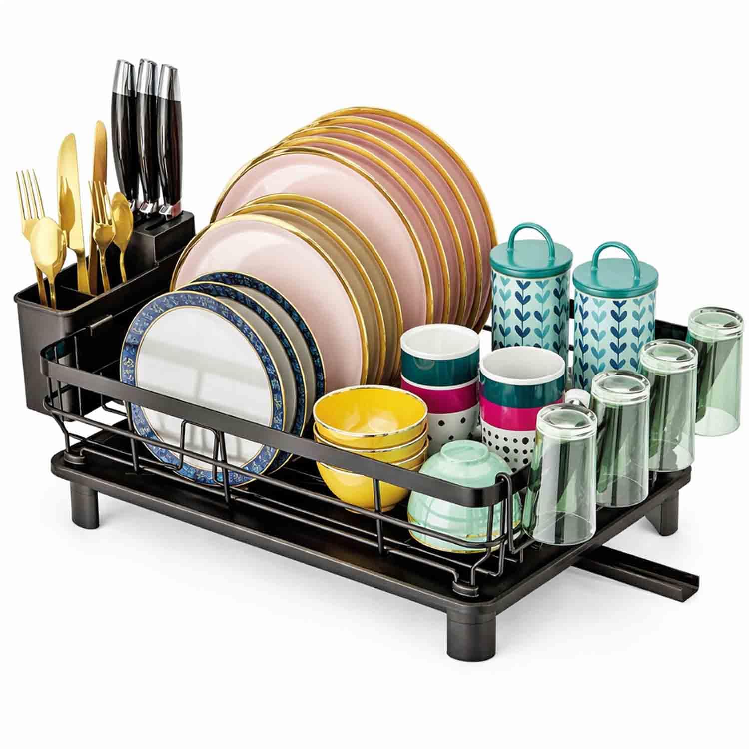 Thrink Black Dish Drainer Rack With Drip Tray, Sink Dish Drainer With Drainage Spout, Dish Drying Rack, Utensil & Cutting Board Holders For Kitchen Counter Space-Saving