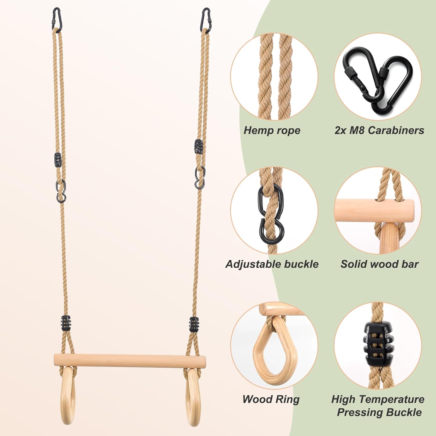 YAERSI Children's Trapeze Swing Bar with Wooden Gym Rings,Trapeze Bar for Swing Set ?Water Drop? Semicircle