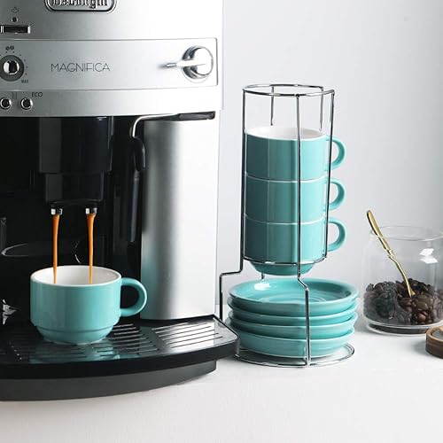 Miniatura 3 de Sweejar - Tazas de café de porcelana con platillos, tazas de capuchino apilables de 4 onzas con soporte de metal para bebidas de café, café con