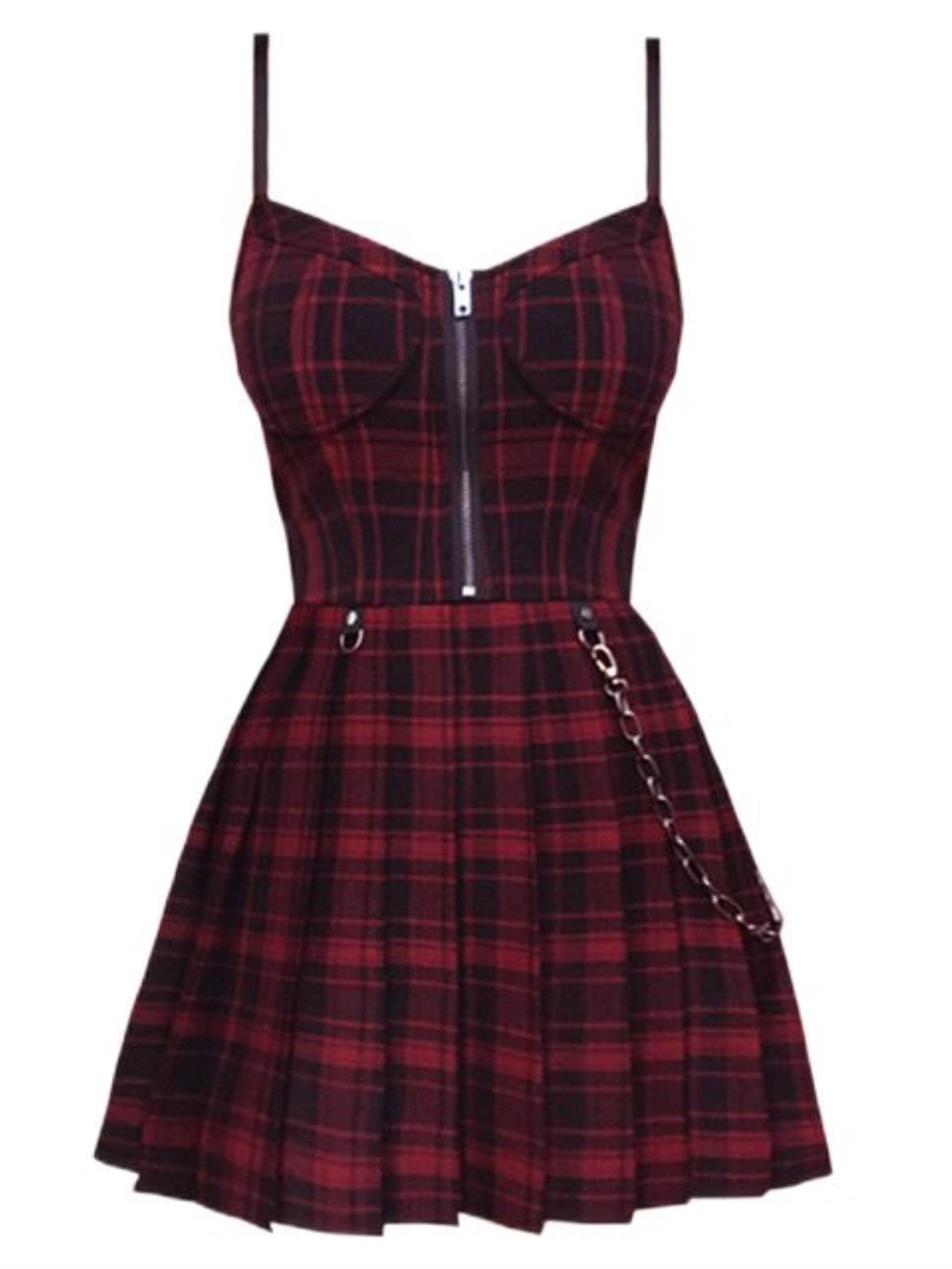 Weiting Girls Red Plaid Gothic Pleated Dress Zip Up Robe Femme Punk Black Spaghetti Strap Mini Short Goth Streetwear-,M