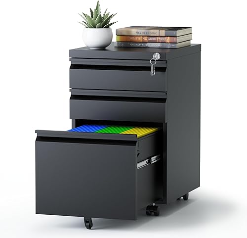 Miniatura 1 de Archivador móvil de 3 cajones, archivadores verticales con cerradura y ruedas, archivador de metal completamente montado debajo del escritorio para