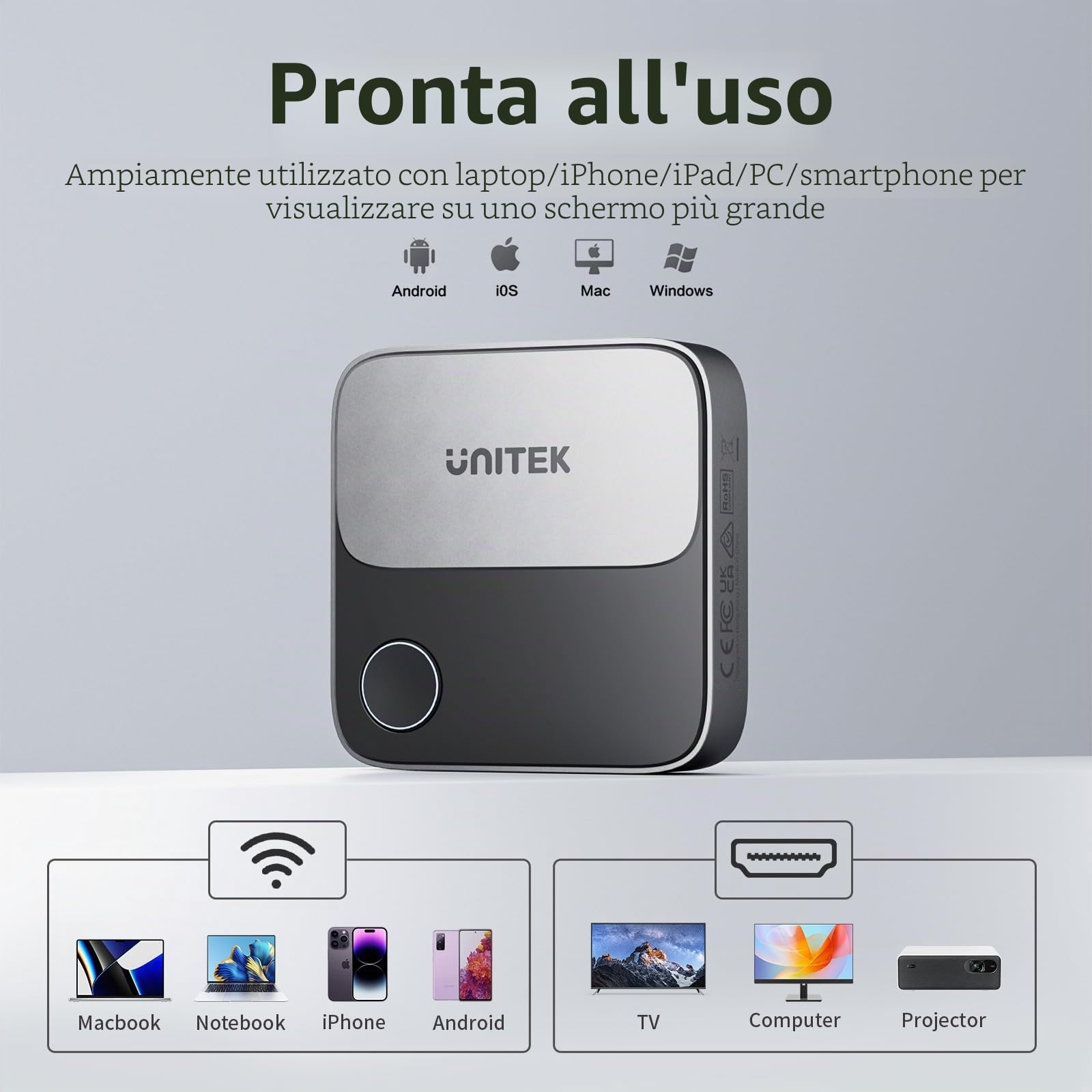 Unitek Dongle Adapter - HDMI Wireless 4K 5G Miracast/Airplay Wi-Fi per TV/Proiettore/Monitor, Schermo 4K a 60Hz DLNA