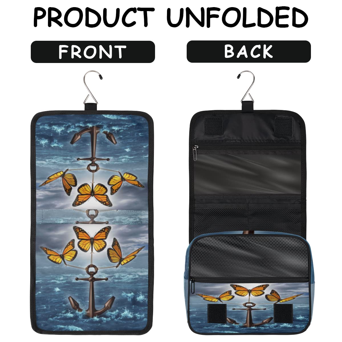 Kotwica Podróżna Kosmetyczka Motyle Kotwica Mycie Torba Unisex Wiszące przybory toaletowe Kosmetyczka Organizer do makijażu, wielobarwny, Jeden rozmiar